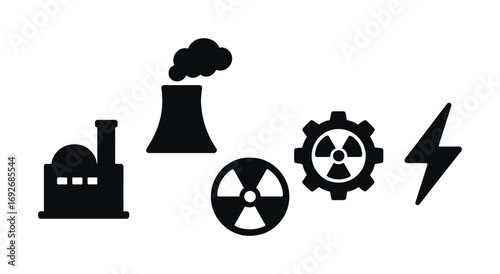 Nuclear energy symbols: power plant, reactor, radiation, gear, lightning icon set
