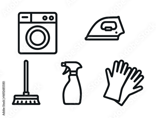 Household cleaning tools icons: washing machine, iron, broom, spray bottle, gloves