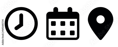 Clock, Calendar, Location Pin Icon. Address, Time, Date Symbols Vector Illustration. Event Icon Set in Svg and Png