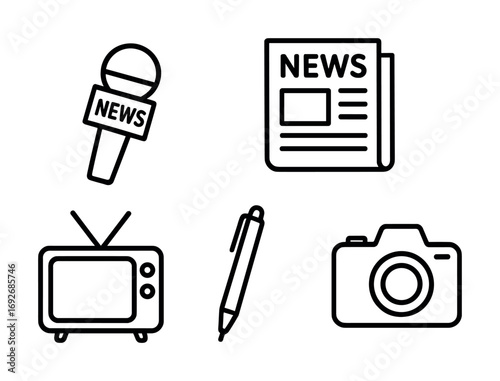 Media icons set: microphone, newspaper, tv, pen, camera