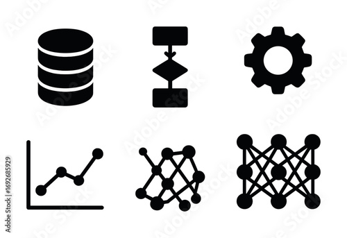Technology icons: database, flowchart, gear, graph, network, neural network