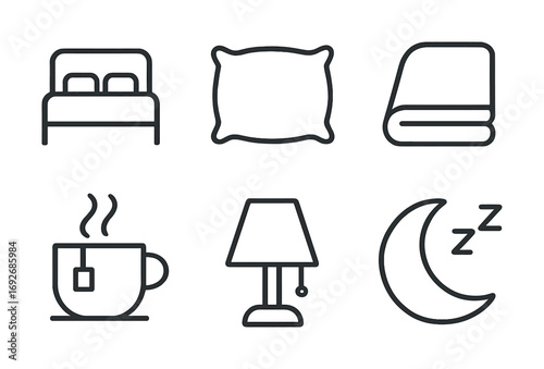 Cozy nighttime essentials icons: bed, pillow, blanket, tea, lamp, moon