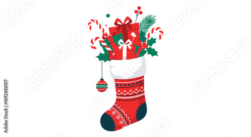 A festive christmas stocking overflowing with gifts candy canes and pine sprigs