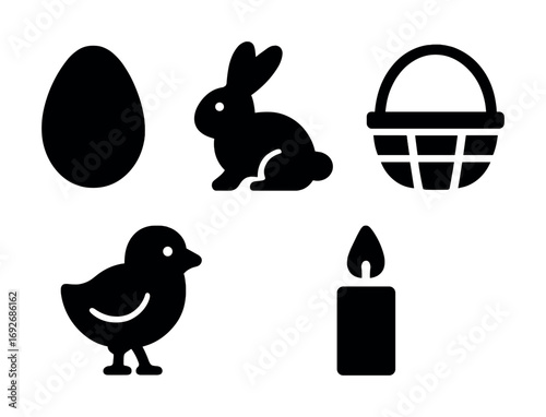 Easter symbols: egg, bunny, basket, chick, candle silhouettes for celebration design