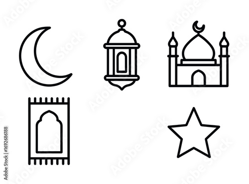 Islamic symbols: crescent, lantern, mosque, prayer rug, star icons in black and white