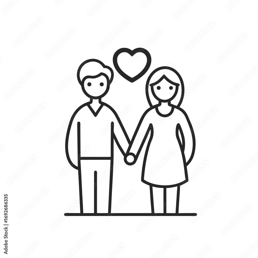 Fototapeta premium Man and woman with heart, Stick figure couple holding hands with heart above them on a white background simple line 