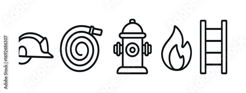 Firefighting equipment icons: helmet, hose, hydrant, flame, ladder
