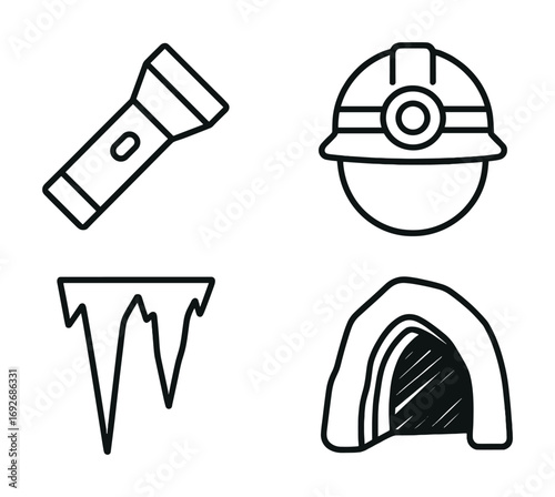 Cave exploration icons: flashlight, helmet, stalactite, cave entrance