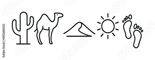 Desert outline icons: cactus, camel, dunes, sun, footprints illustrations