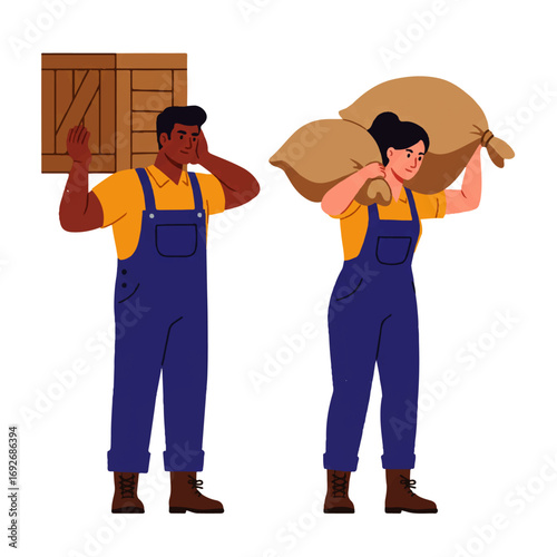 Two workers, a man carrying a wooden crate and a woman carrying a heavy sack over her shoulder.