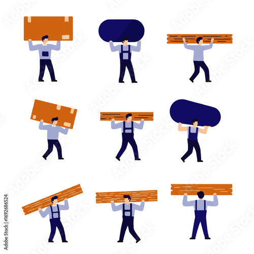 A set of nine illustrations depicting a man carrying various objects on his shoulders, including boxes, planks of wood, and dark blue shapes.