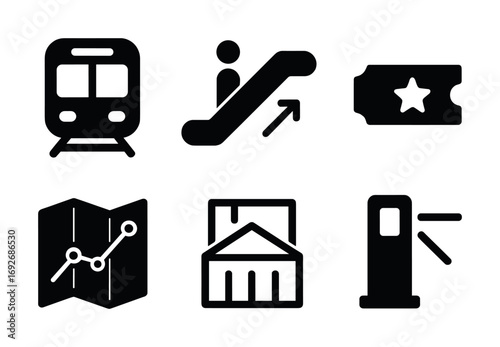 Public transportation icons set: train, escalator, ticket, map, building, turnstile