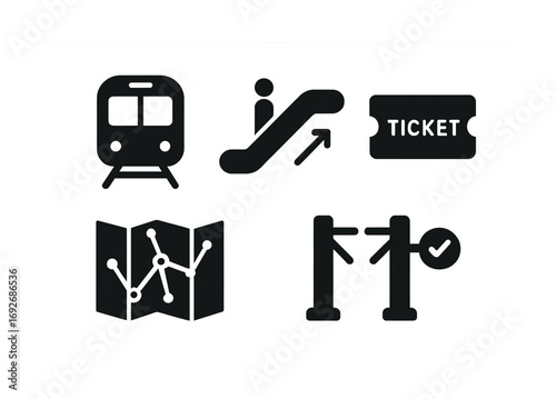 Public transportation icons set: train, escalator, ticket, map, turnstile