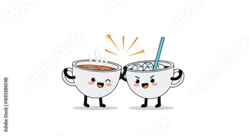 Two cute cartoon coffee cups high five celebratory moment animated gif