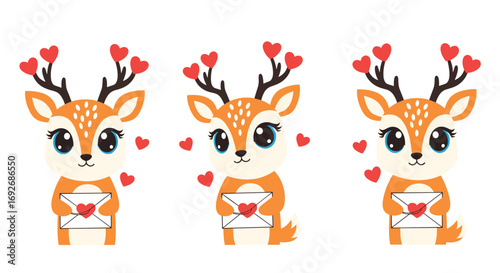 Cute cartoon deer family with antlers decorated with hearts holding love letters for valentine's day