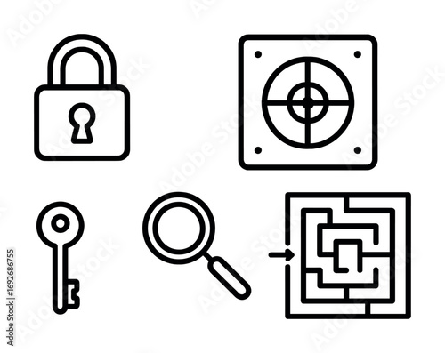 Security and exploration icons: lock, key, magnifying glass, safe, maze
