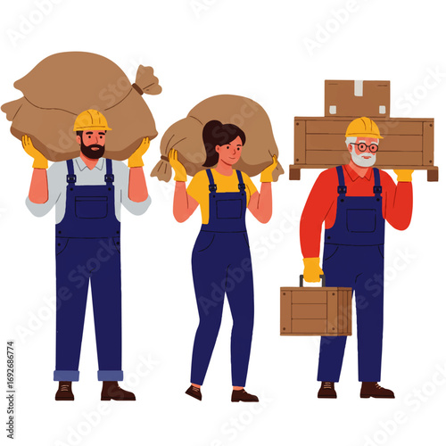 Three workers in overalls carrying heavy items: sacks and boxes, wearing safety helmets and gloves.
