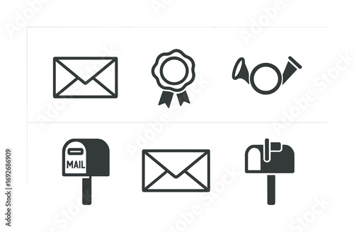 Mail icons set: envelope, award ribbon, post horn, mailbox symbols