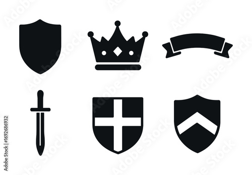 Medieval heraldic icons: shield, crown, banner, sword, cross emblem, chevron badge