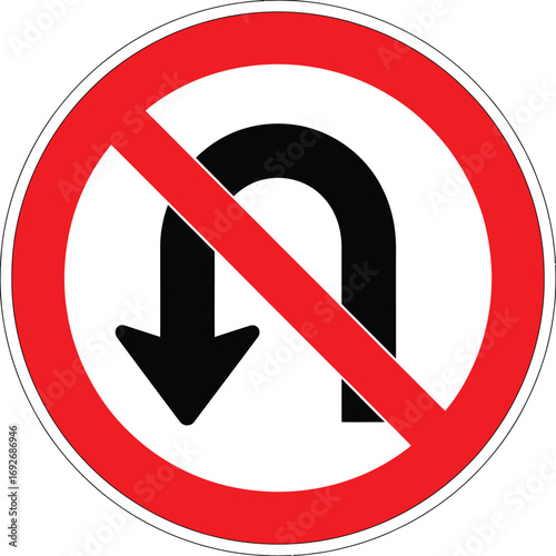 A No U Turn Traffic Sign Indicating Prohibition of Reversing Direction on the Roadway with Red Circle and Diagonal Bar Against a White Background for Driver Safety and Compliance
