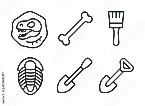 Fossil digging icons: dinosaur, trilobite, bone, tools illustrations