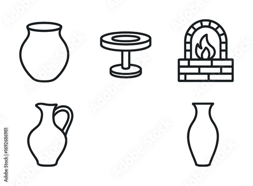 Outline icons of vases, table, and fireplace set in simple black line design