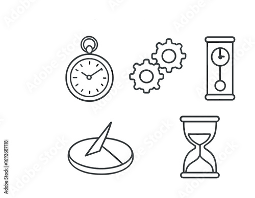 Line art illustration of timekeeping devices and gear mechanisms