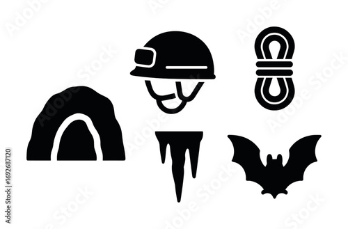 Caving symbols: helmet, rope, cave, stalactite, bat icons in black
