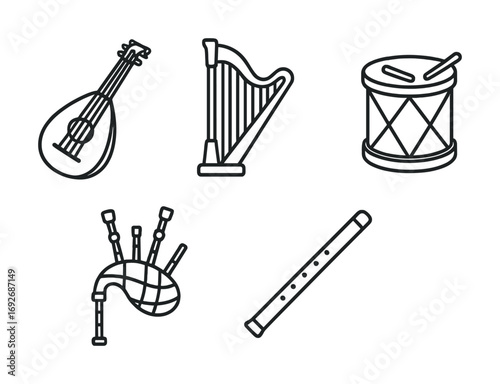 Outline icons of musical instruments: lute, harp, drum, bagpipe, flute