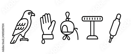 Outline icons: falconry glove, bird, hood, perch, lure for falconry