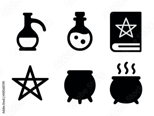 Alchemy symbols: potion bottles, spellbook, pentagram, and cauldron icons