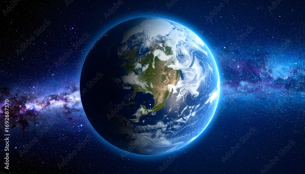 Obraz premium view of the earth and galaxy with stars in the background