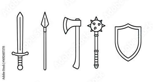 Outline icons of medieval weapons and shield: sword, spear, axe, mace