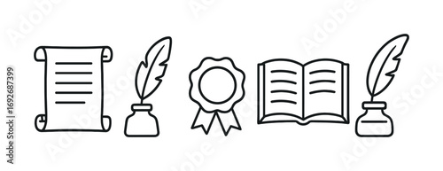Scroll, quill, badge, and book: symbols of writing and achievement