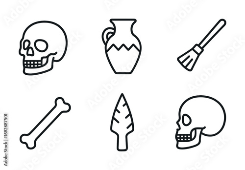 Archaeological icons: skull, pottery, brush, bone, leaf, tools