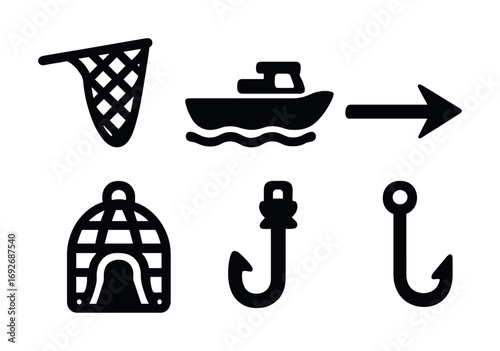Set of fishing icons: net, boat, trap, hooks, arrow direction