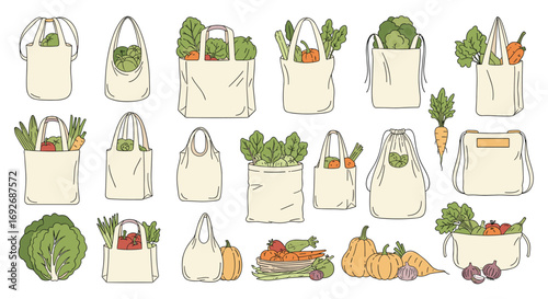 Various reusable shopping bags filled with fresh healthy organic vegetables and fruits for sustainable living and groceries