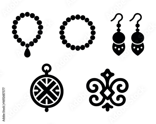 Black silhouette jewelry designs: necklace, earrings, pendants, ornaments