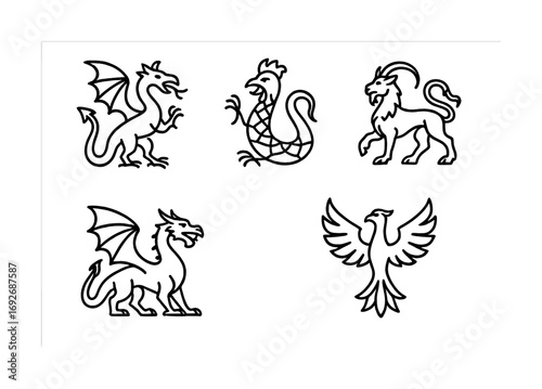 Fantasy creatures: dragon, cockatrice, chimera, phoenix icons in line art