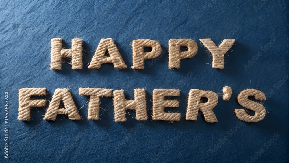 Individual letters crafted from woven rope spell out words that are arranged on a dark blue textured background.