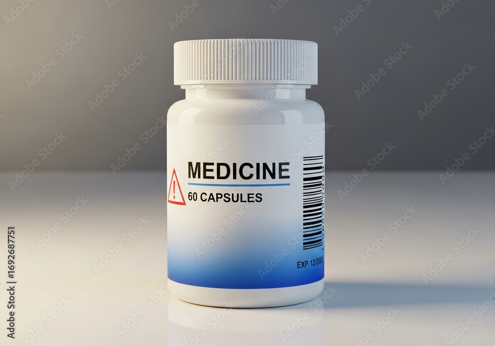 Obraz premium White medicine bottle with 60 capsules and warning label
