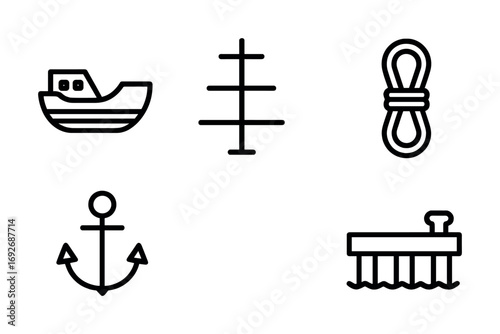 Nautical icons set featuring boat, sail, rope, anchor, and wave