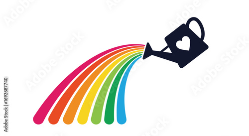 Creative colorful rainbow streams poured from a watering can with a heart shape symbol