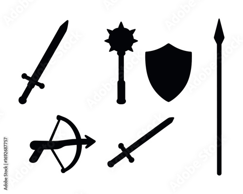 Silhouette of medieval weapons and shield: sword, mace, bow, spear
