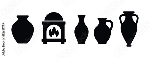 Silhouette collection of various clay pottery and stove artifacts