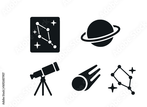 Astronomy icons: saturn, telescope, meteor, star constellations