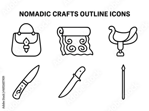 Nomadic crafts outline icons: bag, carpet, saddle, knives, spear