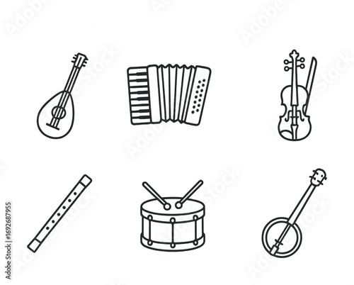 Outline icons of musical instruments: lute, accordion, violin, flute, drum, banjo