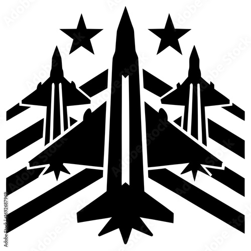 Three fighter jets flying in formation with stars and stripes