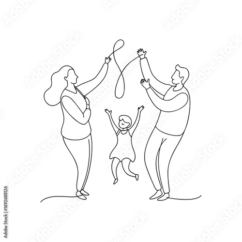 Family on the beach, Happy little boy playing jump rope with his family. Family time concept. Colored flat graphic vector illustration isolated.
